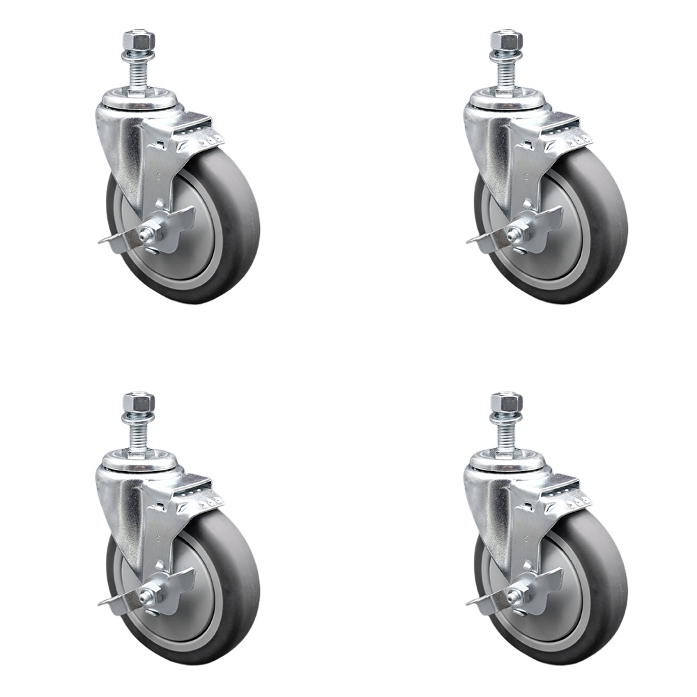 Thermoplastic Rubber Swivel Threaded Stem Caster with 5 x 1.25 in. Gray Wheels & 0.37 in. Stems - 1200 lbs Total Capacity - Set of 4