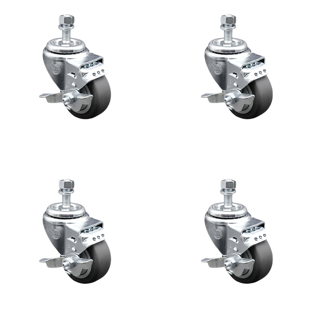 Stainless Steel Thermoplastic Rubber Swivel Threaded Stem Caster with 3 x 1.25 in. Gray Wheels & 10 mm Stems - 840 lbs Total Capacity - Set of 4