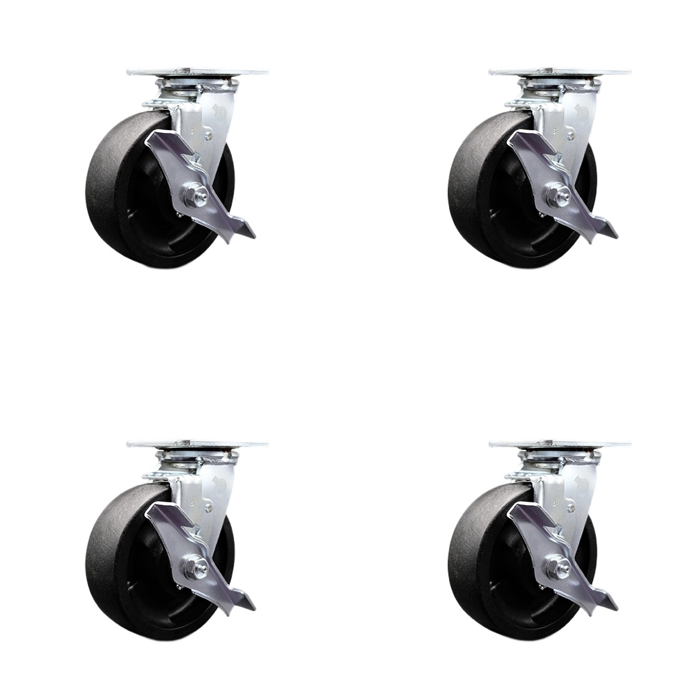 SCC-30CS620-GFNR-TLB-BSL-4 Glass Filled Nylon Swivel Top Plate Casters, Heavy Duty with 6 in. Wheels - 5000 lbs Total Capacity - Set of 4