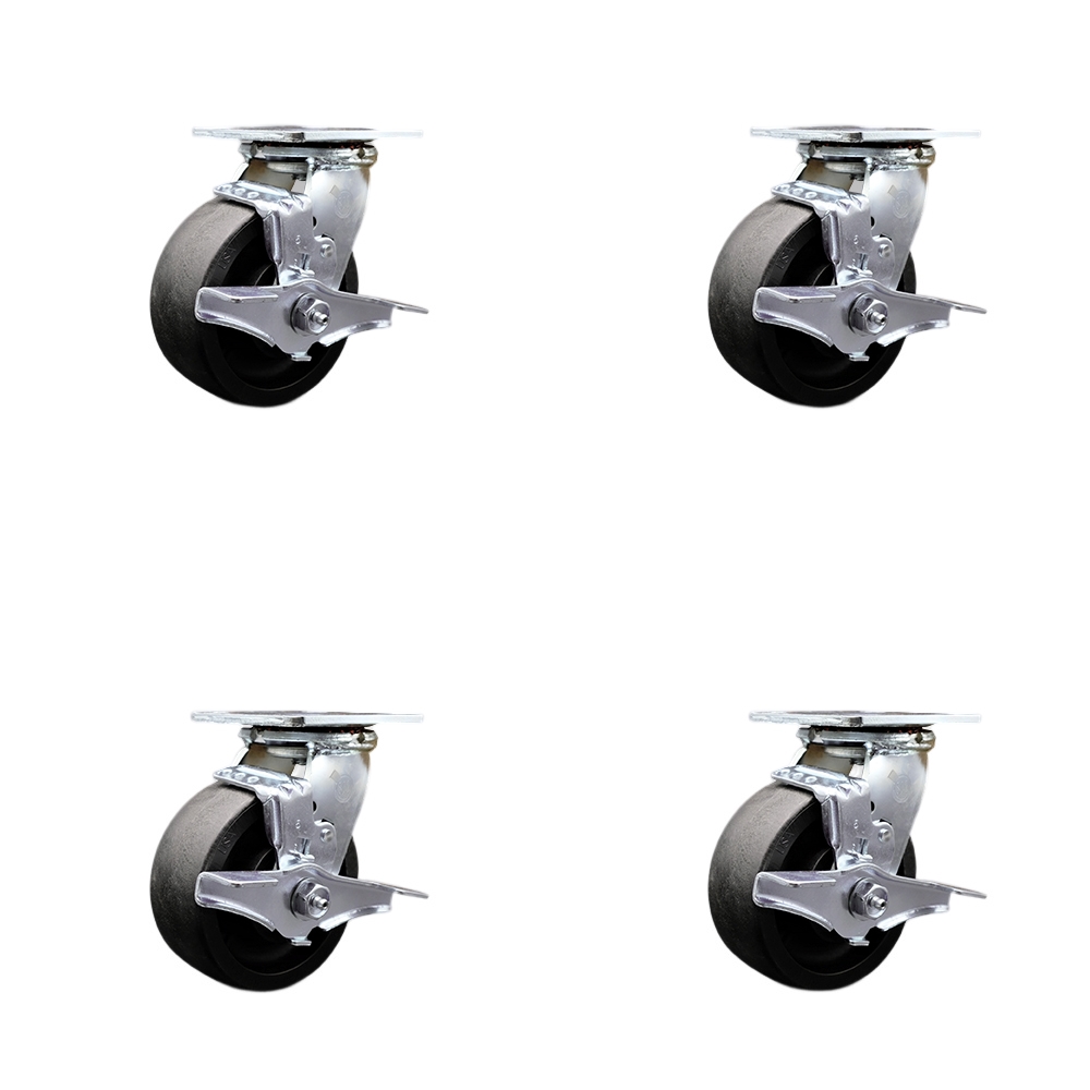 Stainless Steel Glass Filled Nylon Swivel Top Plate Casters, Heavy Duty with 5 in. Wheels - 5000 lbs Total Capacity - Set of 4