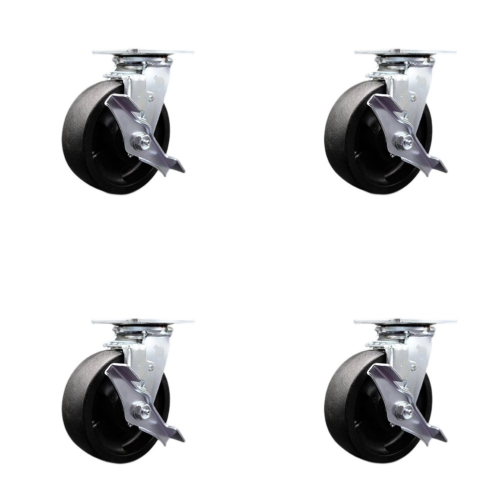 Stainless Steel Glass Filled Nylon Swivel Top Plate Casters, Heavy Duty with 6 in. Wheels - 5000 lbs Total Capacity - Set of 4