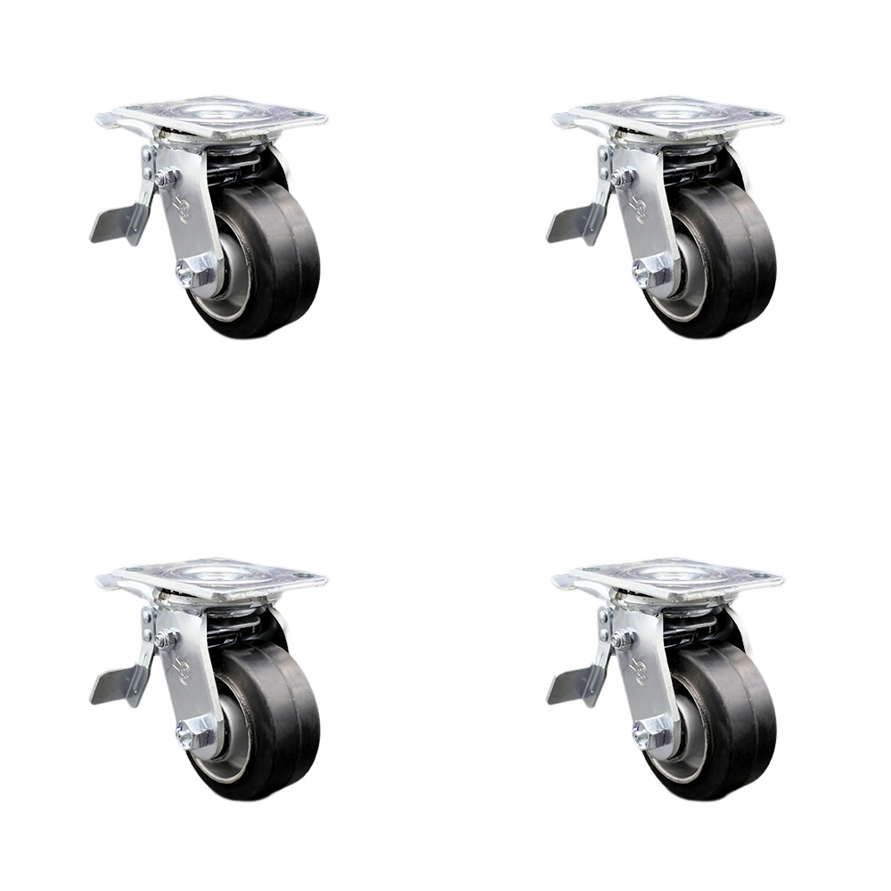 SCC-TTL30S420-RAR-4 Rubber on Aluminum Swivel Top Plate Casters, Heavy Duty with 4 in. Wheels - 1600 lbs Total Capacity - Set of 4