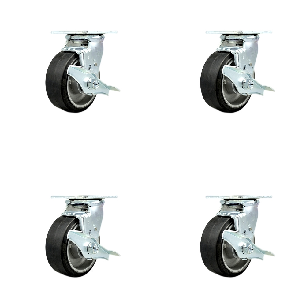 SCC-30CS520-RAR-TLB-BSL-4 Rubber on Aluminum Swivel Top Plate Casters, Heavy Duty with 5 in. Wheels - 2000 lbs Total Capacity - Set of 4