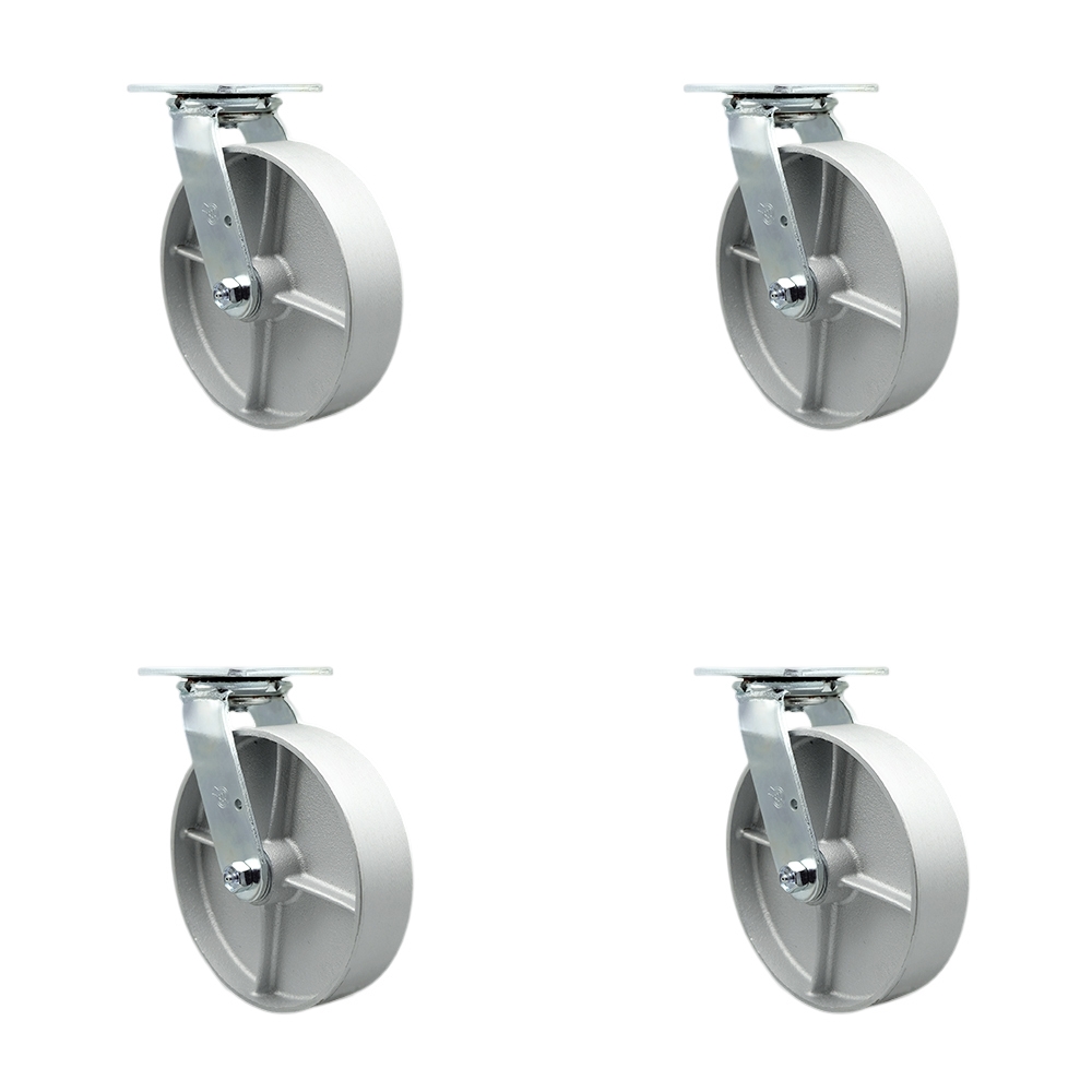 SCC-30CS820-SSR-BSL-4 Semi Steel Cast Iron Swivel Top Plate Casters, Heavy Duty with 8 in. Wheels - 5000 lbs Total Capacity - Set of 4