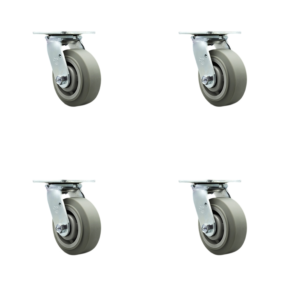 Thermoplastic Rubber Flat Tread Swivel Top Plate Casters, Heavy Duty with 5 in. Wheels - 1400 lbs Total Capacity - Set of 4