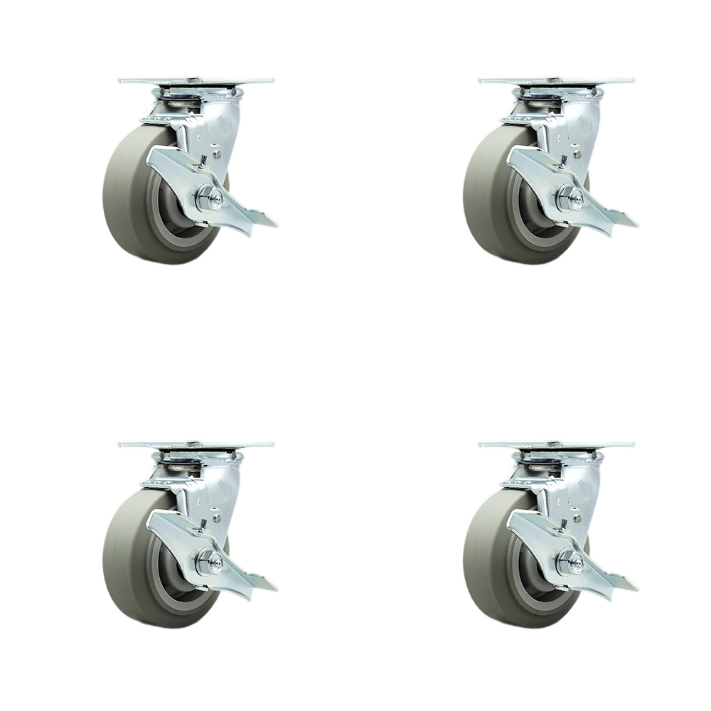 Thermoplastic Rubber Flat Tread Swivel Top Plate Casters, Heavy Duty with 5 in. Wheels - 1400 lbs Total Capacity - Set of 4