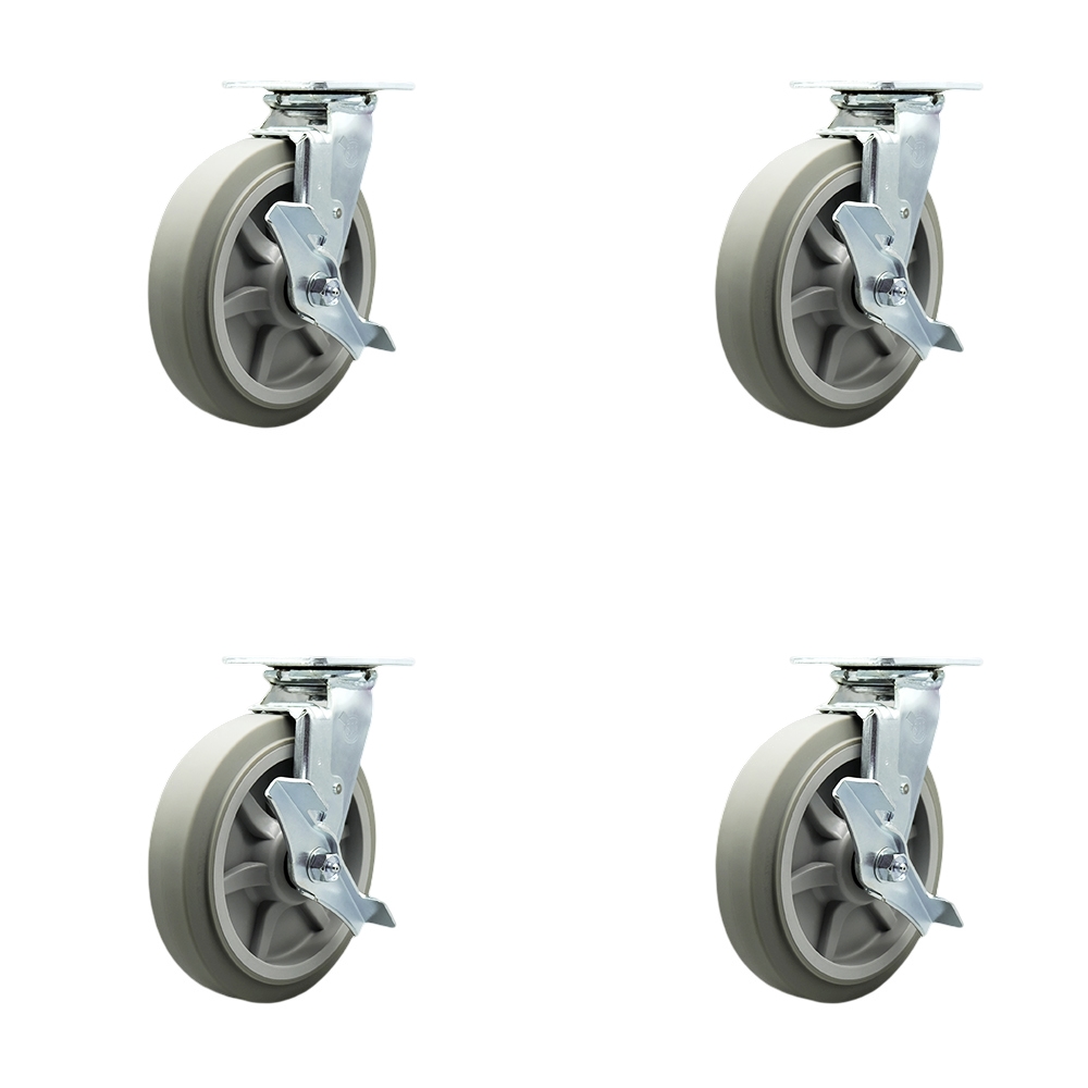 Thermoplastic Rubber Flat Tread Swivel Top Plate Casters, Heavy Duty with 8 in. Wheels - 2400 lbs Total Capacity - Set of 4