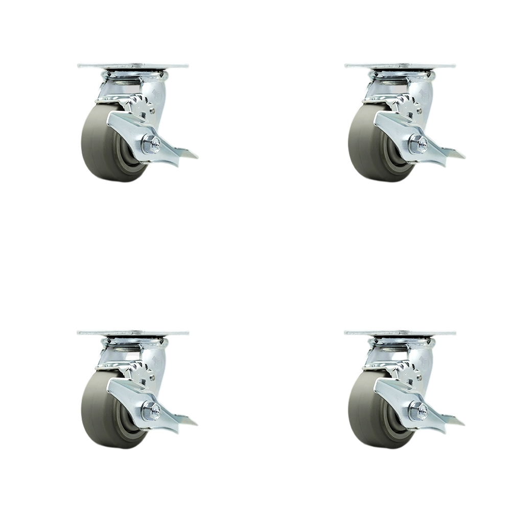 Stainless Steel Thermoplastic Rubber Flat Tread Swivel Top Plate Casters, Heavy Duty with 4 in. Wheels - 1200 lbs Total Capacity - Set of 4