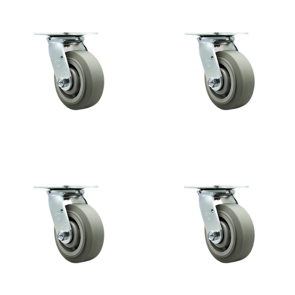 Stainless Steel Thermoplastic Rubber Flat Tread Swivel Top Plate Casters, Heavy Duty with 5 in. Wheels - 1400 lbs Total Capacity - Set of 4