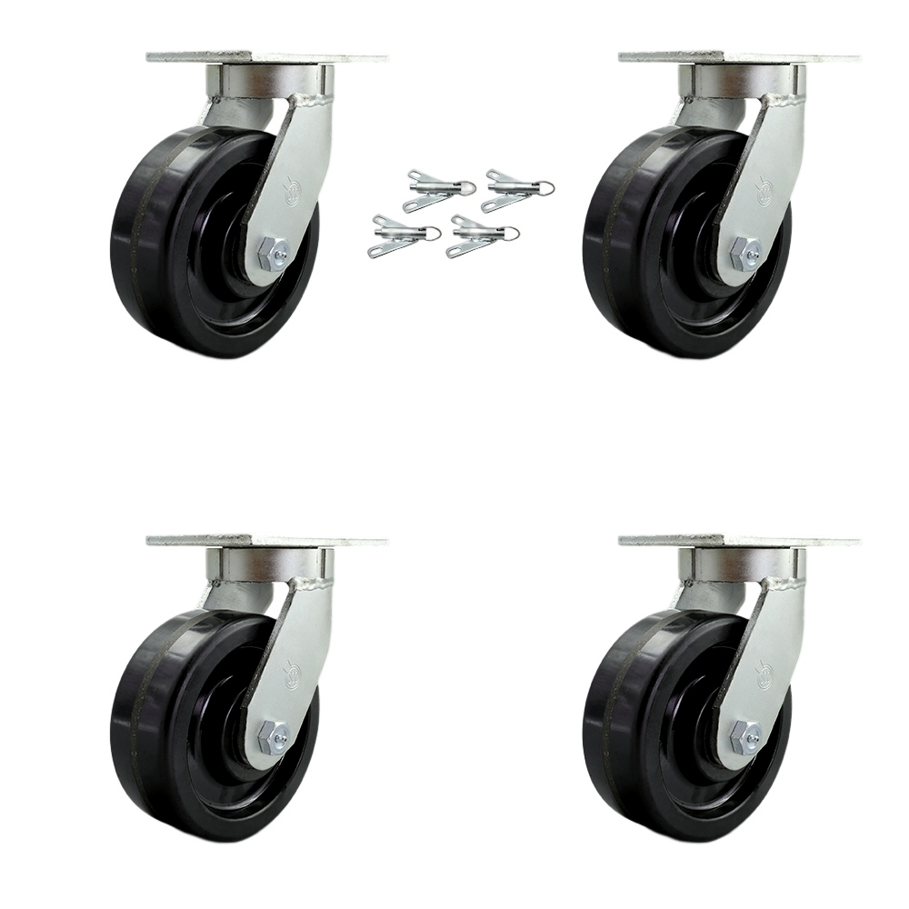SCC-KP92S830-PHR-BSL-4 8 in. Swivel Top Plate Caster Set Extra Heavy Duty Casters with Phenolic Wheels - Set of 4