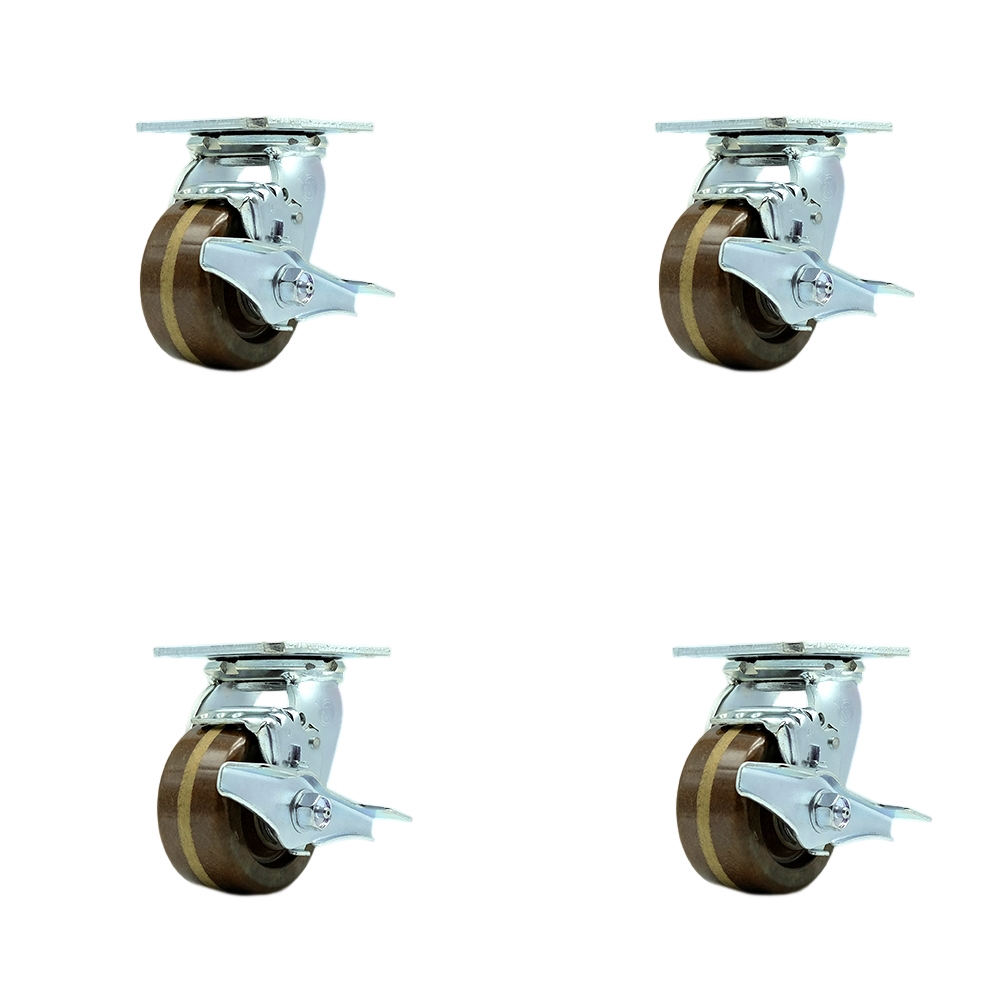 SCC-30CS420-PHRHT-TLB-BSL-4 High Temperature Phenolic Swivel Top Plate Casters, Heavy Duty with 4 in. Wheels - 3200 lbs Total Capacity - Set of 4
