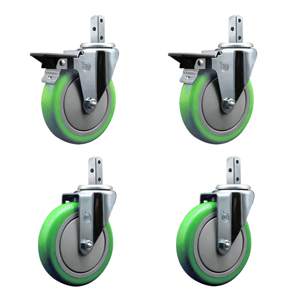 Swivel Square Stem Caster with 5 x 1.25 in. Green Poly Wheel, 0.87 x 2 in. Square Stem with 3 0.26 in. Diameter Mounting Holes - Set of 4