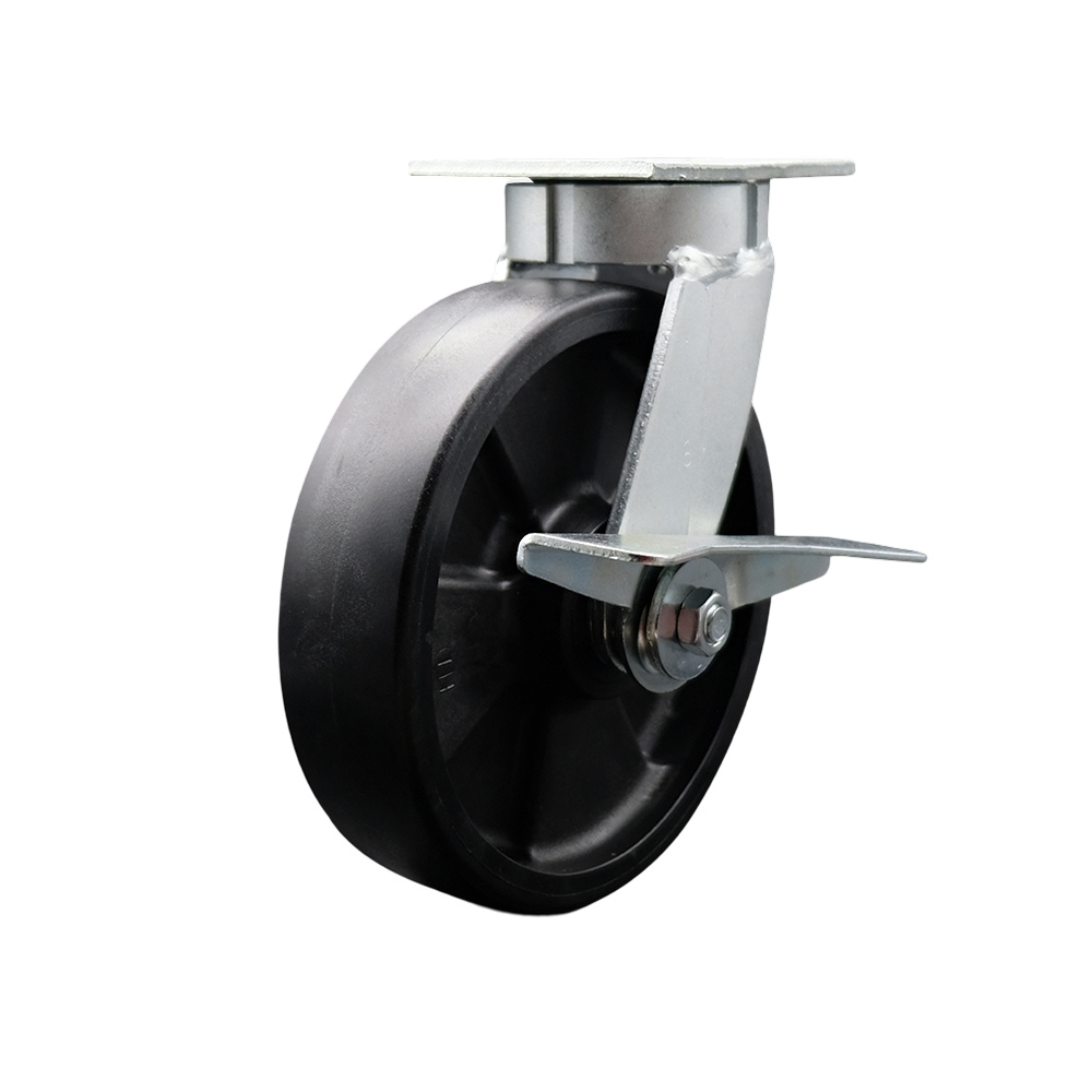 Kingpinless Glass Filled Nylon Swivel Top Plate Caster with 8 x 2 in. Black Wheel & Side Lock Brake - 1250 lbs Capacity per Caster