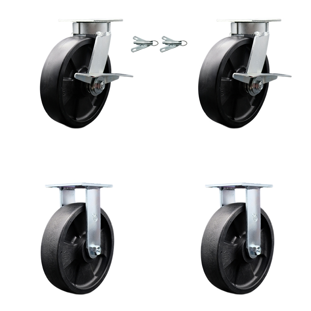 Kingpinless Glass Filled Nylon Swivel Top Plate Caster with 8 x 2 in. Black Wheels - 5000 lbs Total Capacity - Set of 4