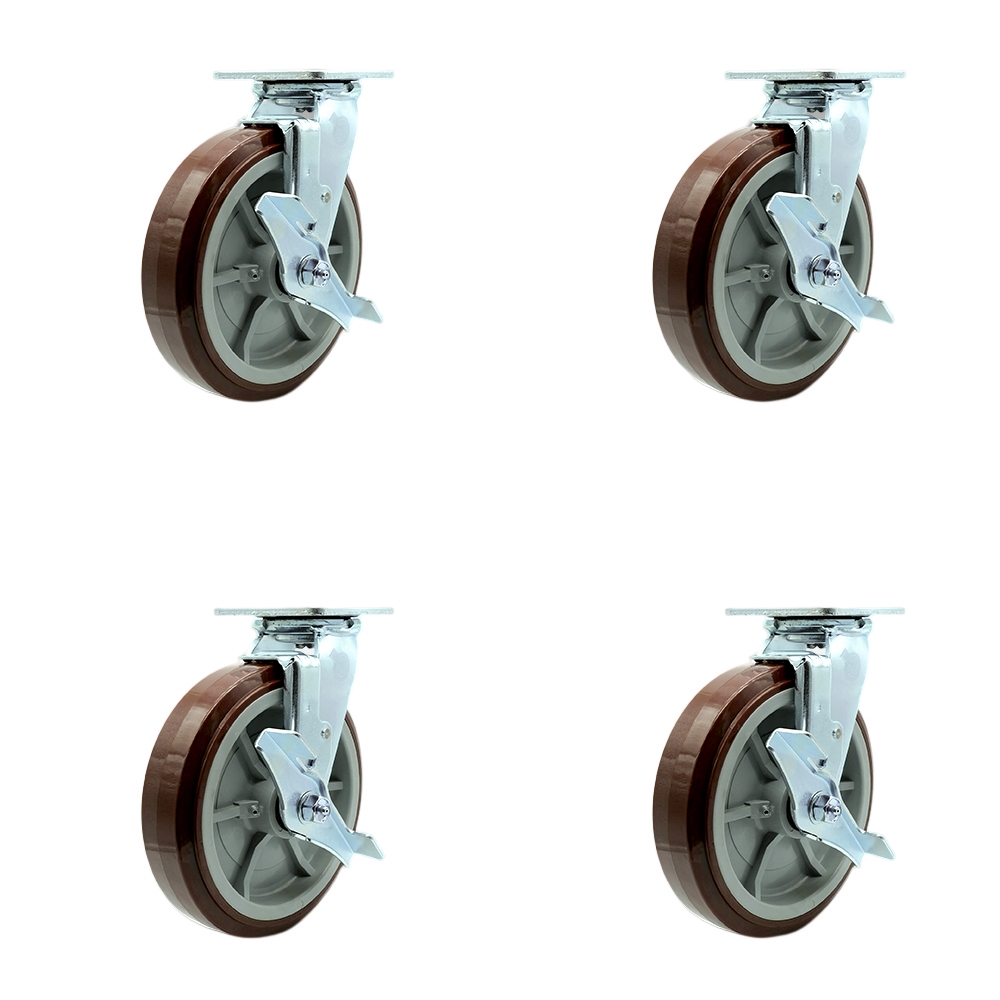 SCC-SS30S820-PPUR-TLB-4 Stainless Steel Polyurethane Swivel Top Plate Casters, Heavy Duty with 8 in. Wheels - 4000 lbs Total Capacity - Set of 4