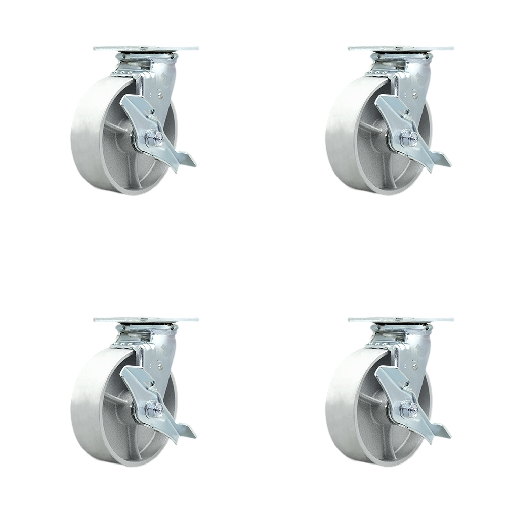 SCC-30CS620-SSR-TLB-BSL-4 Semi Steel Cast Iron Swivel Top Plate Casters, Heavy Duty with 6 in. Wheels - 4800 lbs Total Capacity - Set of 4