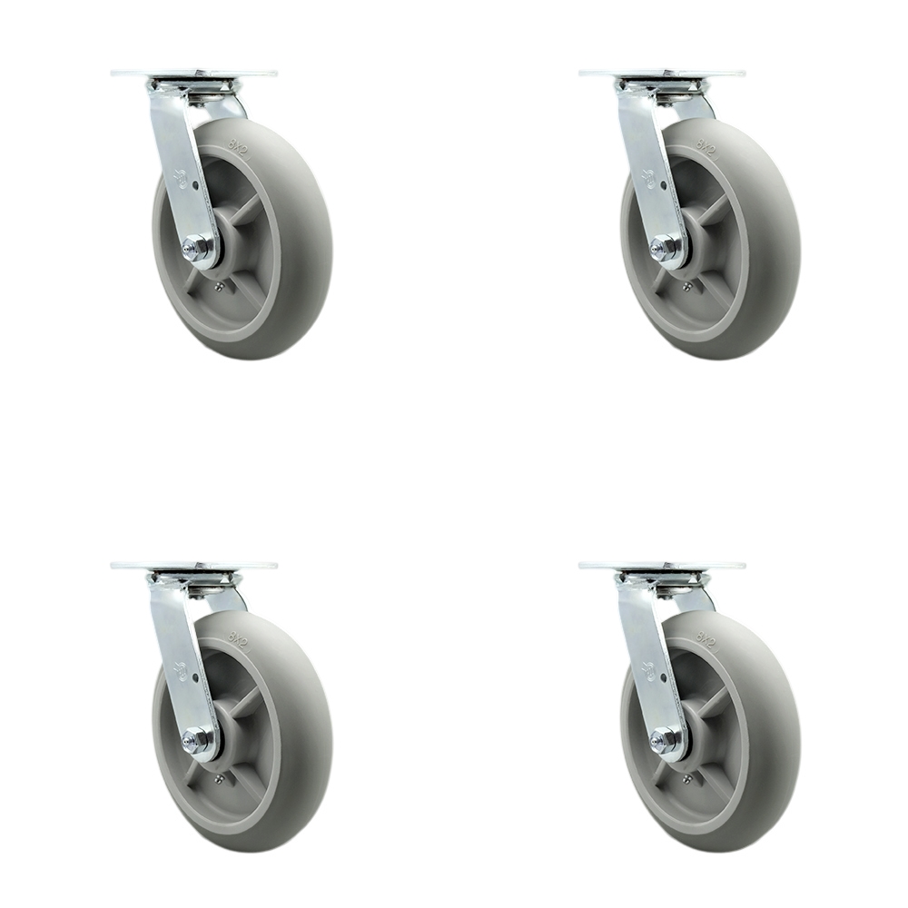 Stainless Steel Thermoplastic Rubber Donut Tread Swivel Top Plate Casters, Heavy Duty with 8 in. Wheels - 2400 lbs Total Capacity - Set of 4