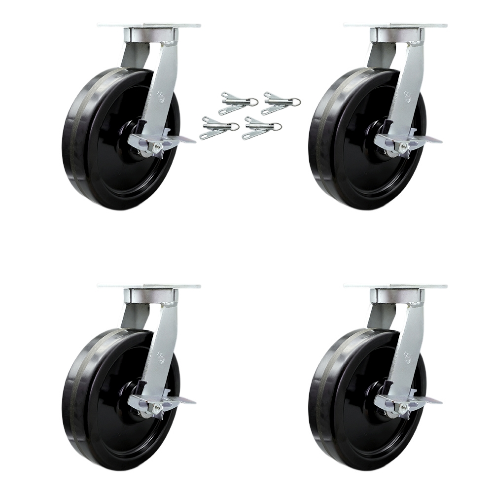 SCC-KP92S1230-PHR-SLB-BSL-4 12 in. Swivel Top Plate Caster Set Extra Heavy Duty Casters with Phenolic Wheels - Set of 4