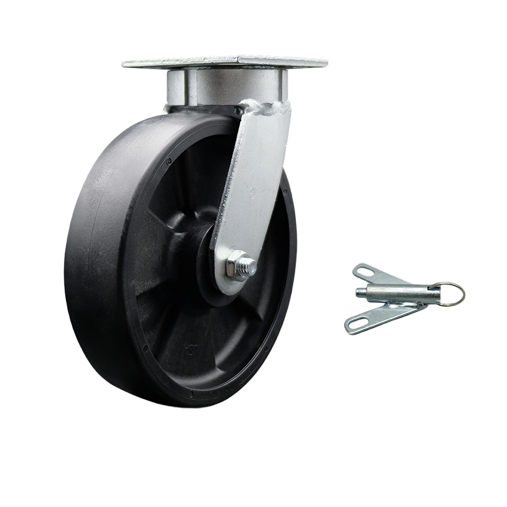 Kingpinless Glass Filled Nylon Swivel Top Plate Caster with 8 x 2 in. Black Wheel & Bolt on Swivel Lock - 1250 lbs Capacity per Caster