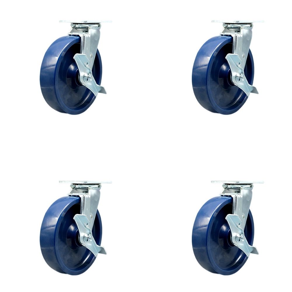 SCC-SS30S820-SPUR-TLB-BSL-4 Stainless Steel Solid Polyurethane Swivel Top Plate Casters, Heavy Duty with 8 in. Wheels - Set of 4