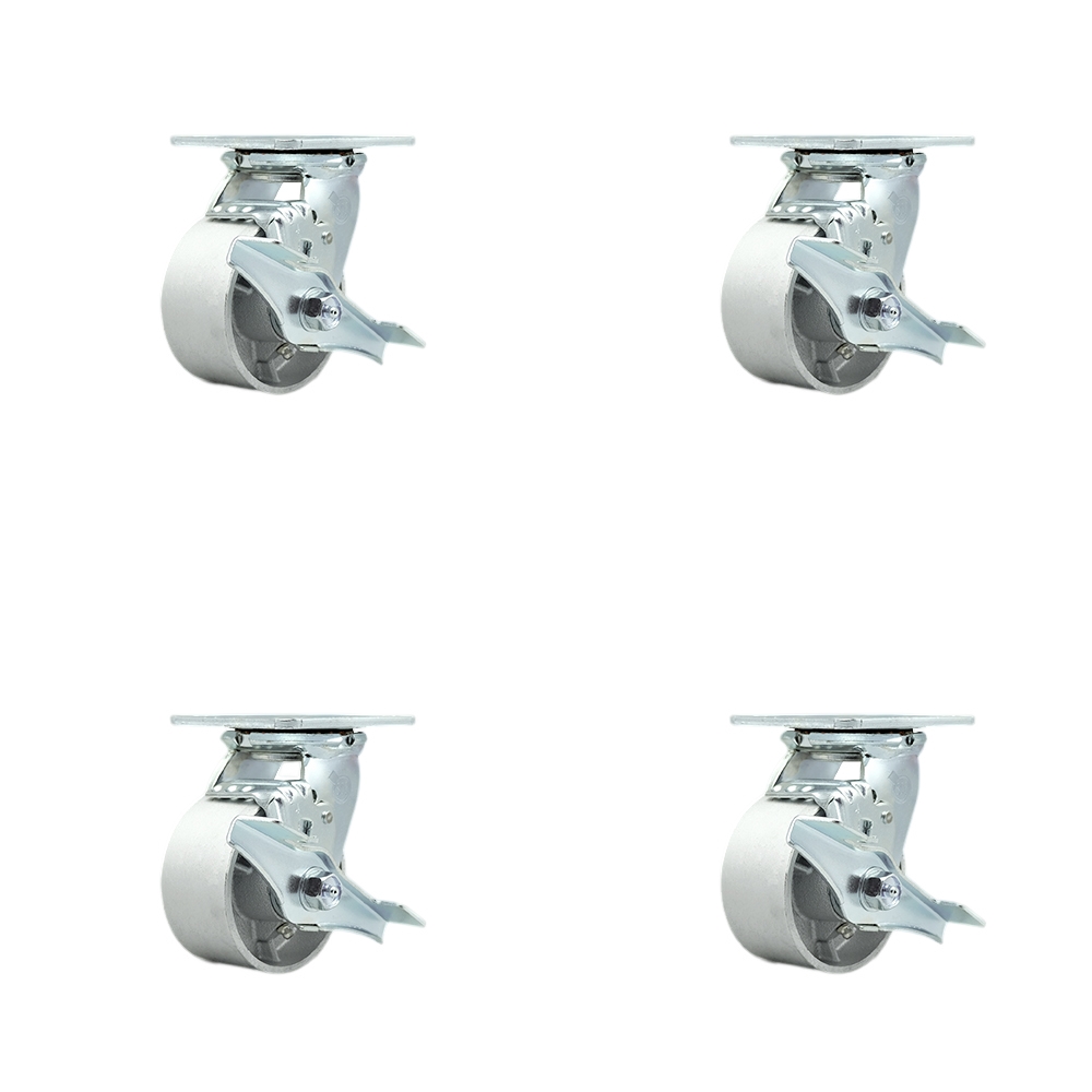 SCC-30CS420-SSR-TLB-BSL-4 Semi Steel Cast Iron Swivel Top Plate Casters, Heavy Duty with 4 in. Wheels - 4000 lbs Total Capacity - Set of 4