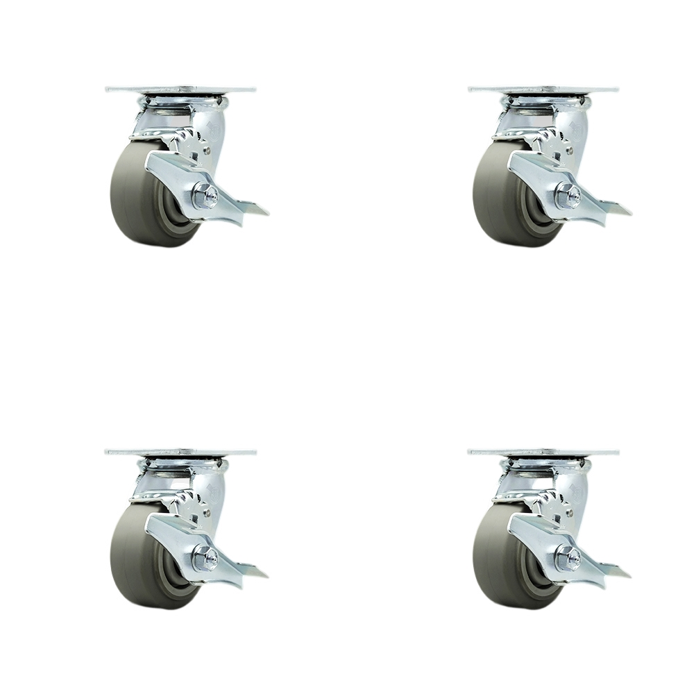 SCC-SS30S420-TPRRF-TLB-BSL-4 Stainless Steel Thermoplastic Rubber Flat Tread Swivel Top Plate Casters, Heavy Duty with 4 in. Wheels - Set of 4