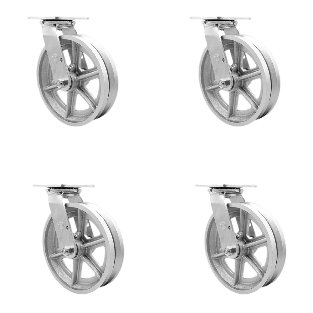 SCC-30CS820-VGR-BSL-4 V Groove Semi Steel Cast Iron Swivel Top Plate Casters, Heavy Duty with 8 in. Wheels - 5000 lbs Total Capacity - Set of 4