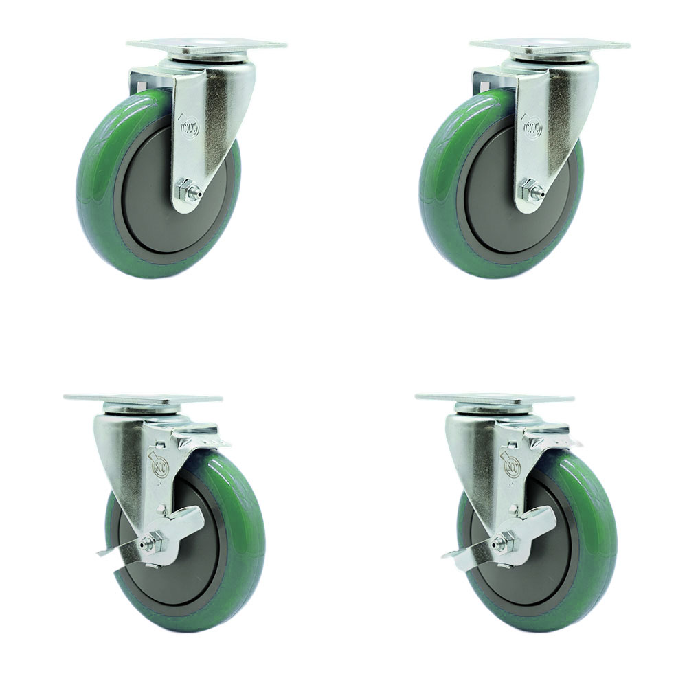 SCC-SS20S514-PPUB-GRN-2-TLB-2 Stainless Steel Polyurethane Swivel Top Plate Caster with 5 x 1.25 in. Green Wheels - Set of 4