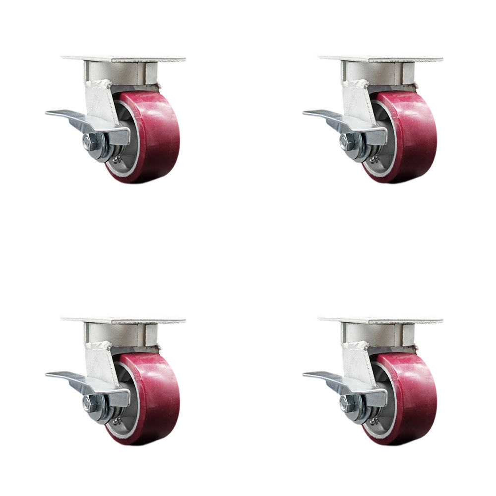 SCC-KP30S420-PAR-SLB-4 Kingpinless Polyurethane on Aluminum Swivel Top Plate Caster with 4 x 2 in. Maroon Wheels - 2800 lbs Total Capacity - Set of 4