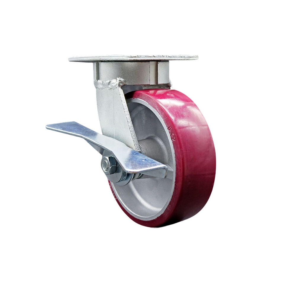 Kingpinless Polyurethane on Aluminum Swivel Top Plate Caster with 6 x 2 in. Maroon Wheel & Side Lock Brake - 1200 lbs Capacity per Caster