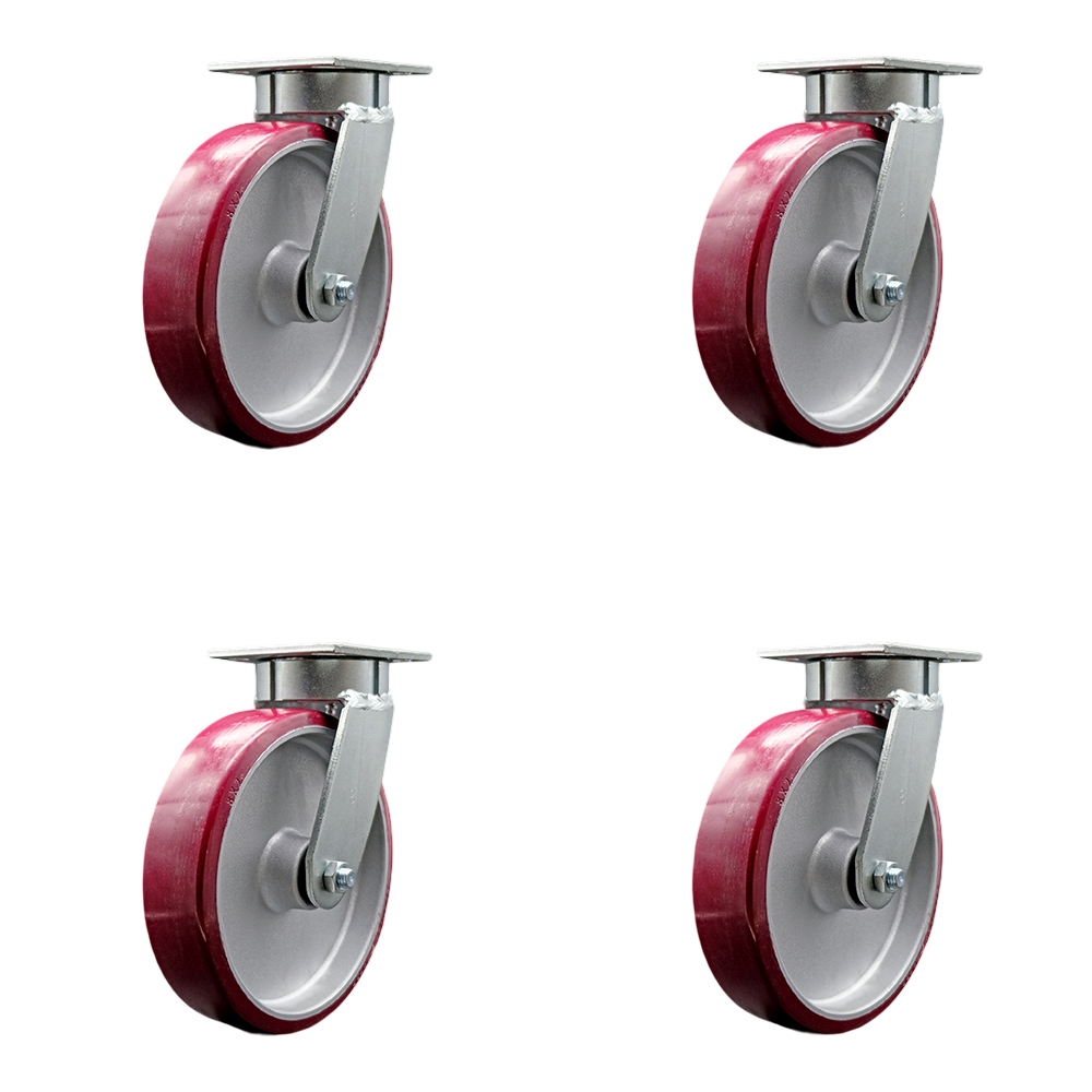 SCC-KP30S820-PAR-BSL-4 Kingpinless Polyurethane on Aluminum Swivel Top Plate Caster with 8 x 2 in. Maroon Wheels - 5000 lbs Total Capacity - Set of 4