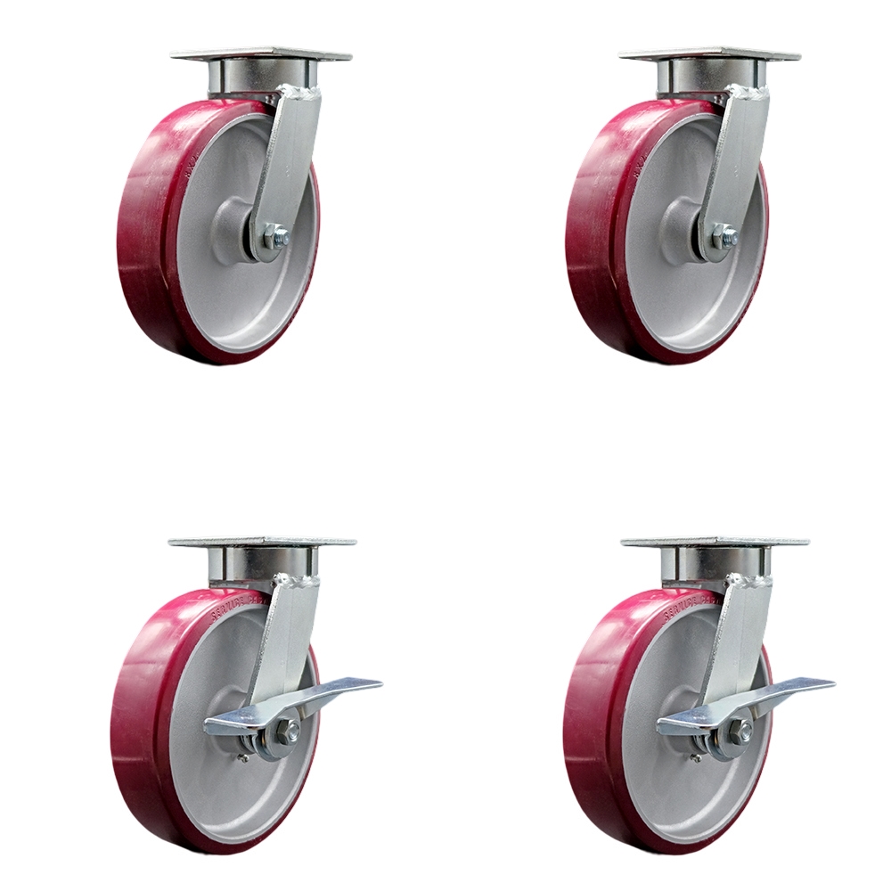 Kingpinless Polyurethane on Aluminum Swivel Top Plate Caster with 8 x 2 in. Maroon Wheels - 5000 lbs Total Capacity - Set of 4