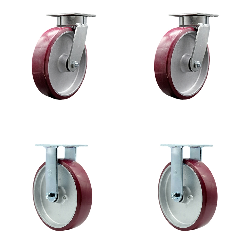 Kingpinless Polyurethane on Aluminum Swivel Top Plate Caster with 8 x 2 in. Maroon Wheels - 5000 lbs Total Capacity - Set of 4