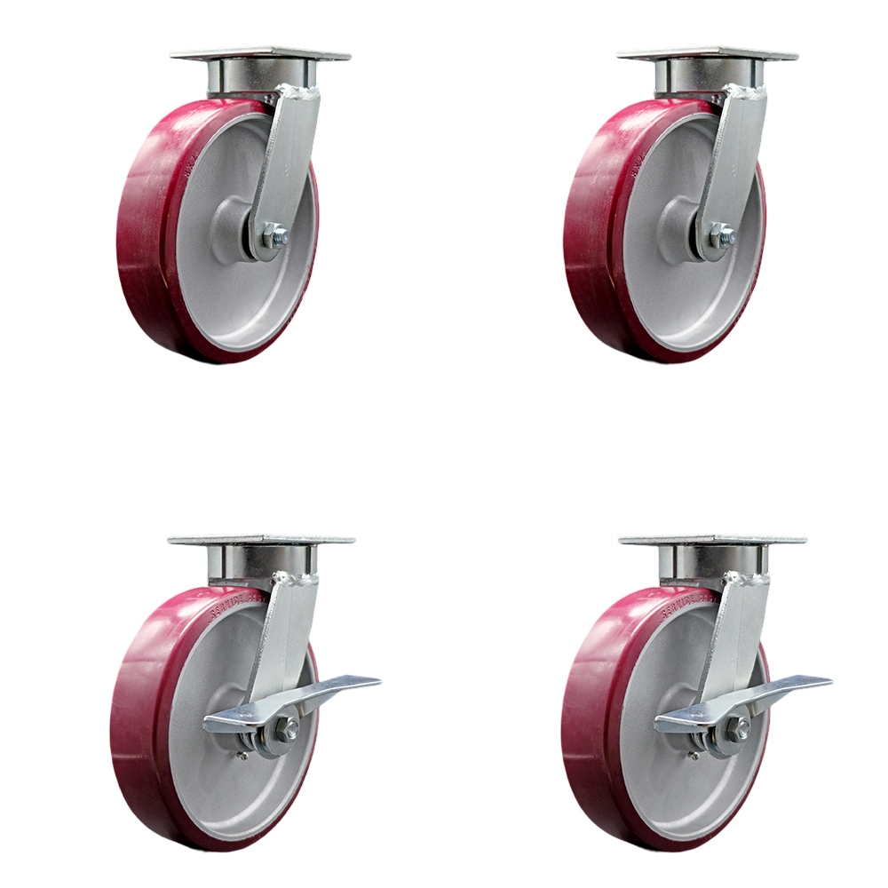 SCC-KP30S820-PAR-BSL-2-SLB-2 Kingpinless Polyurethane on Aluminum Swivel Top Plate Caster with 8 x 2 in. Maroon Wheels - 5000 lbs Capacity - Set of 4