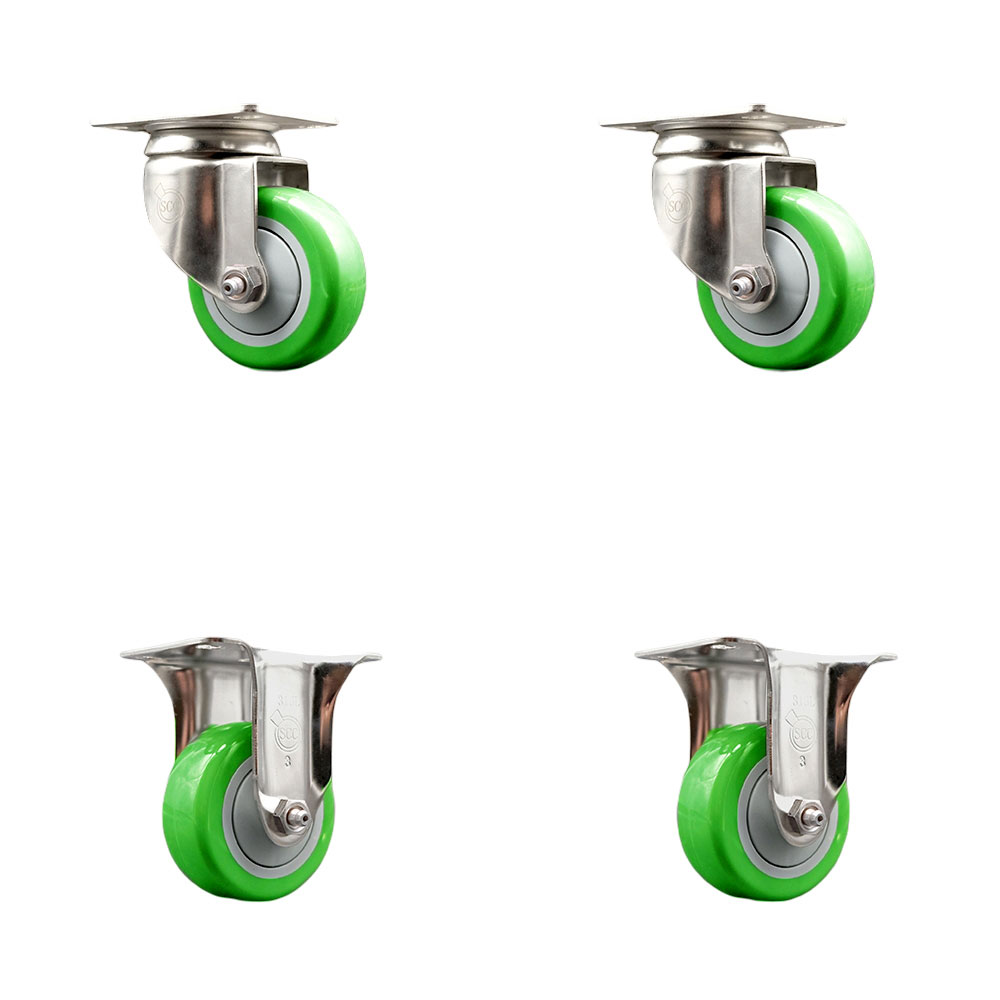 SCC-SS31620S3514-PPUB-GRN-2-R-2 Polyurethane Swivel Top Plate Caster with 3.5 in. 316 Stainless Steel Green Wheels - Set of 4
