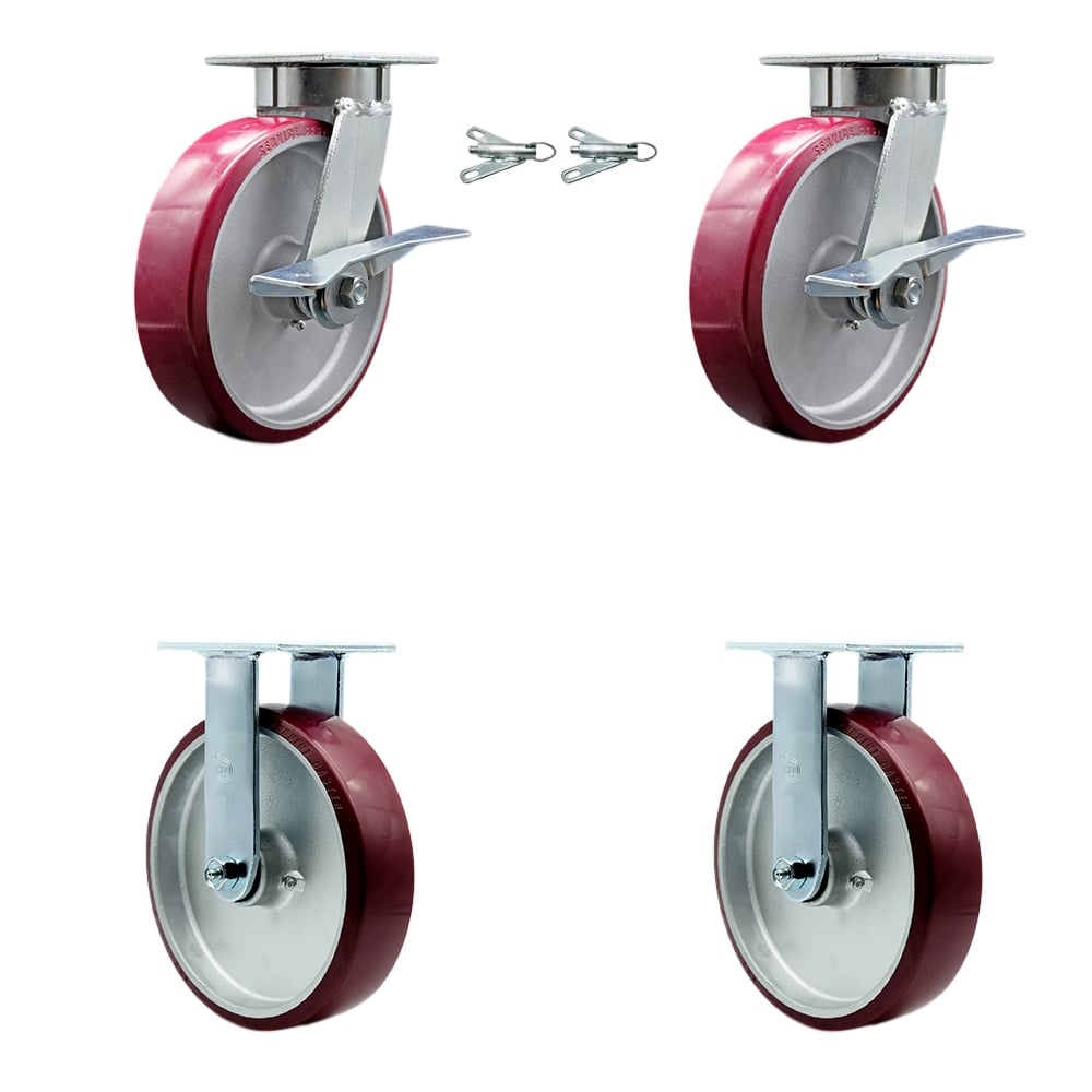 Kingpinless Polyurethane on Aluminum Swivel Top Plate Caster with 8 x 2 in. Maroon Wheels - 5000 lbs Capacity - Set of 4