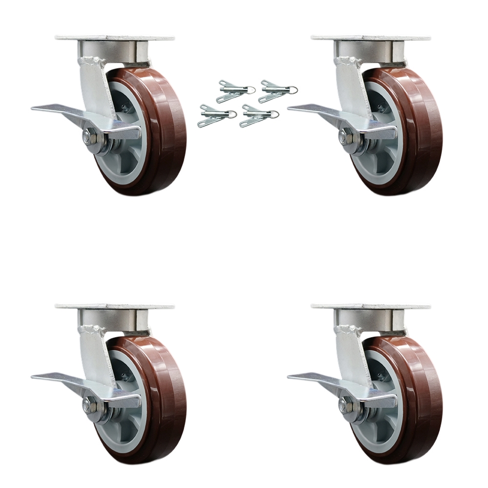 Kingpinless Polyurethane on Polyolefin Swivel Top Plate Caster with 6 x 2 in. Maroon Wheels - 3600 lbs Total Capacity - Set of 4