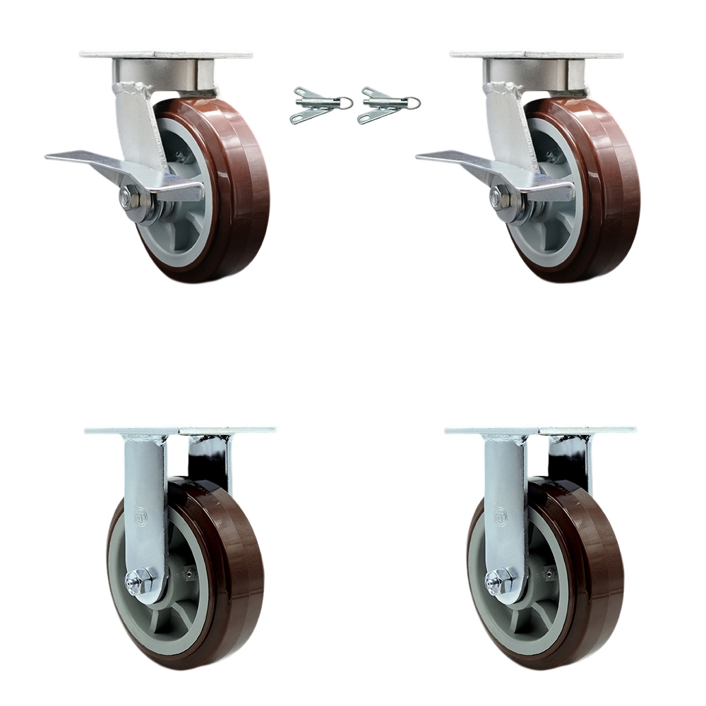 Kingpinless Polyurethane on Polyolefin Swivel Top Plate Caster with 6 x 2 in. Maroon Wheels - 3600 lbs Capacity - Set of 4