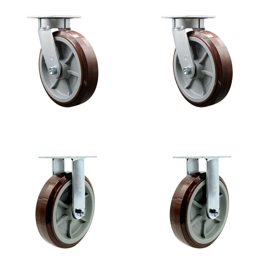 Kingpinless Polyurethane on Polyolefin Swivel Top Plate Caster with 8 x 2 in. Maroon Wheels - 4000 lbs Total Capacity - Set of 4