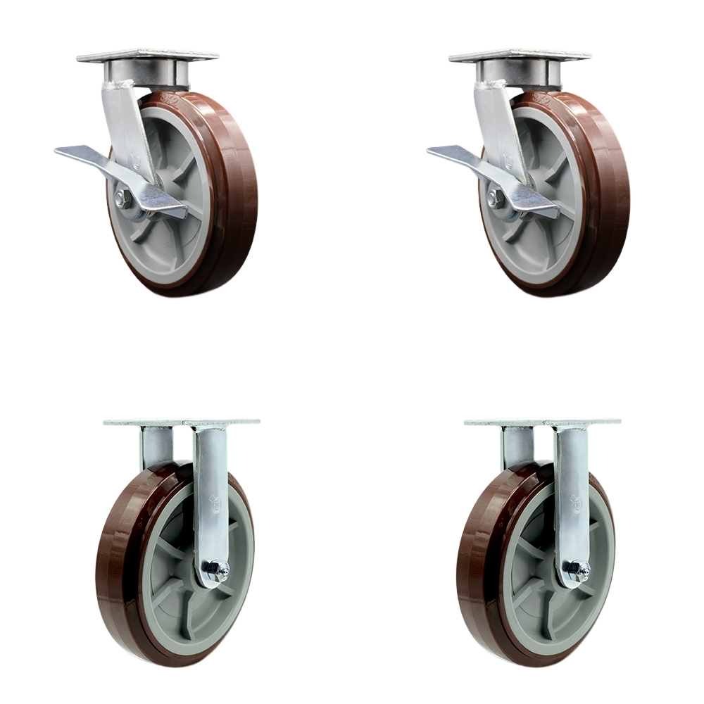 Kingpinless Polyurethane on Polyolefin Swivel Top Plate Caster with 8 x 2 in. Maroon Wheels - 4000 lbs Total Capacity - Set of 4