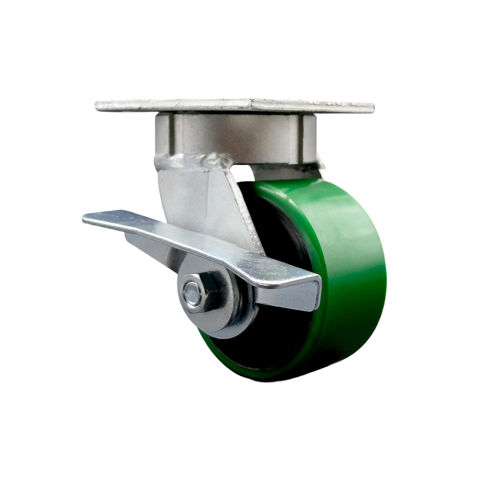 Kingpinless Polyurethane on Cast Iron Swivel Top Plate Caster with 4 x 2 in. Green Wheel & Side Lock Brake - 700 lbs Capacity per Caster