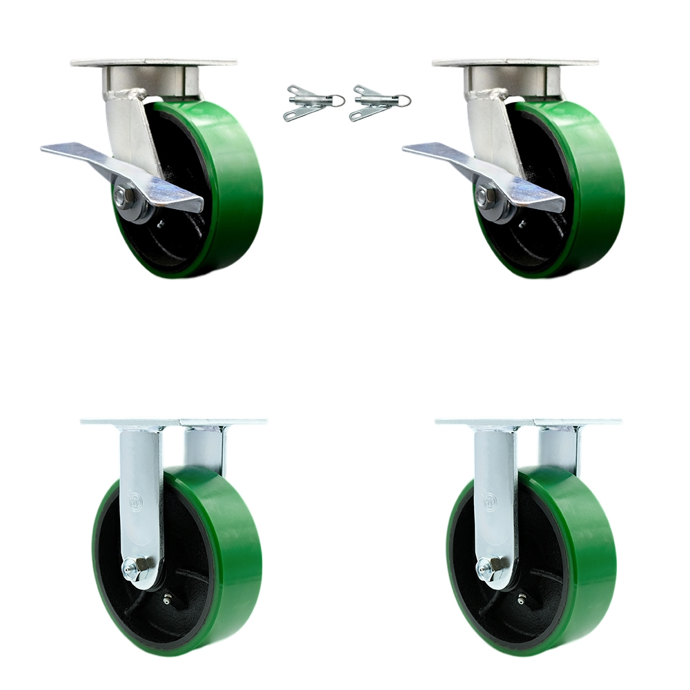 Kingpinless Polyurethane on Cast Iron Swivel Top Plate Caster with 6 x 2 in. Green Wheels - 4800 lbs Capacity - Set of 4