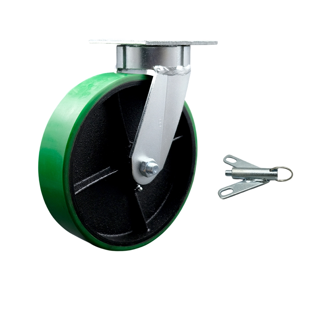 Kingpinless Polyurethane on Cast Iron Swivel Top Plate Caster with 8 x 2 in. Green Wheel & Bolt on Swivel Lock - 1250 lbs Capacity per Caster