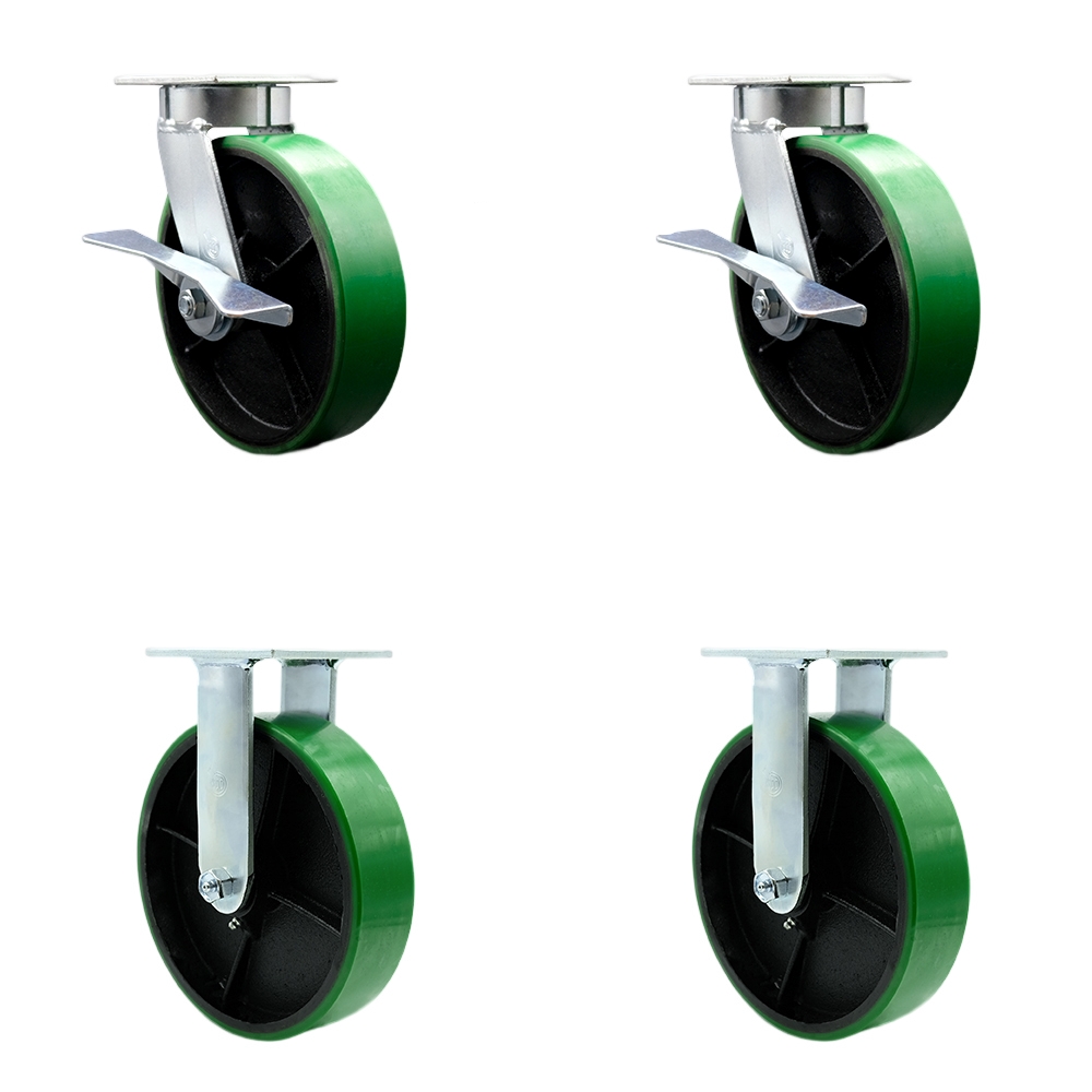 Kingpinless Polyurethane on Cast Iron Swivel Top Plate Caster with 8 x 2 in. Green Wheels - 5000 lbs Total Capacity - Set of 4
