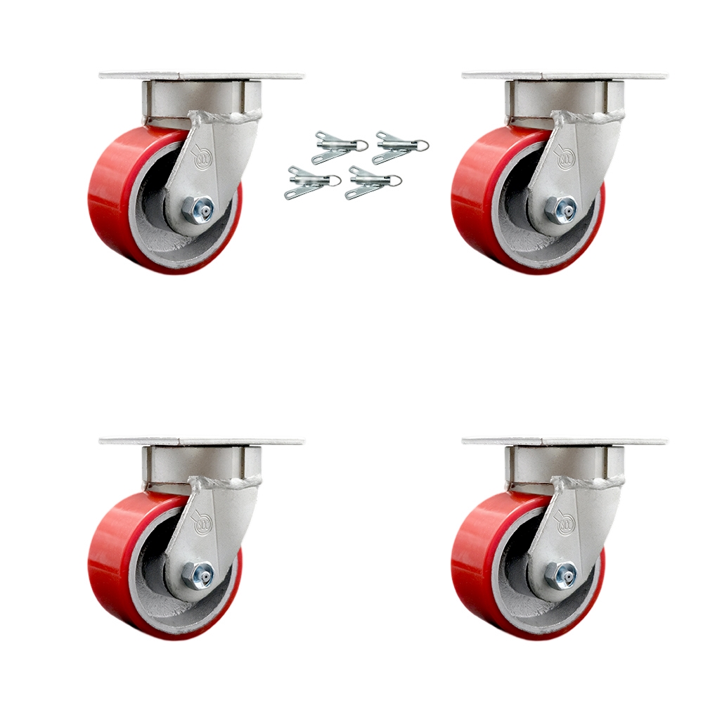 Kingpinless Polyurethane on Cast Iron Swivel Top Plate Caster with 4 x 2 in. Red Wheels - 2800 lbs Total Capacity - Set of 4