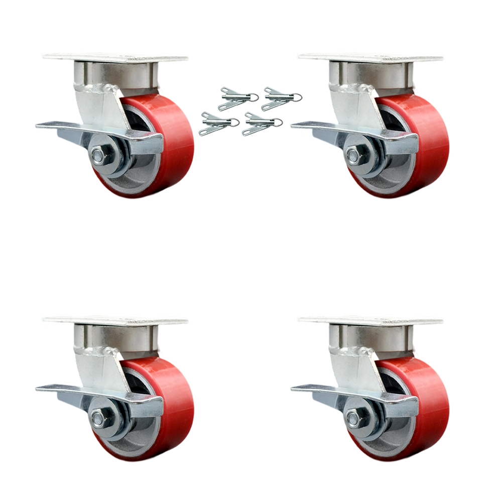 Kingpinless Polyurethane on Cast Iron Swivel Top Plate Caster with 4 x 2 in. Red Wheels - 2800 lbs Total Capacity - Set of 4