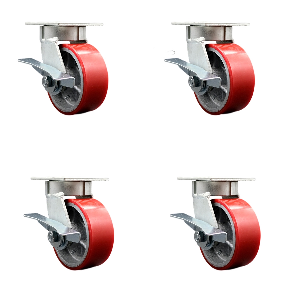 Kingpinless Polyurethane on Cast Iron Swivel Top Plate Caster with 5 x 2 in. Red Wheels - 3600 lbs Total Capacity - Set of 4