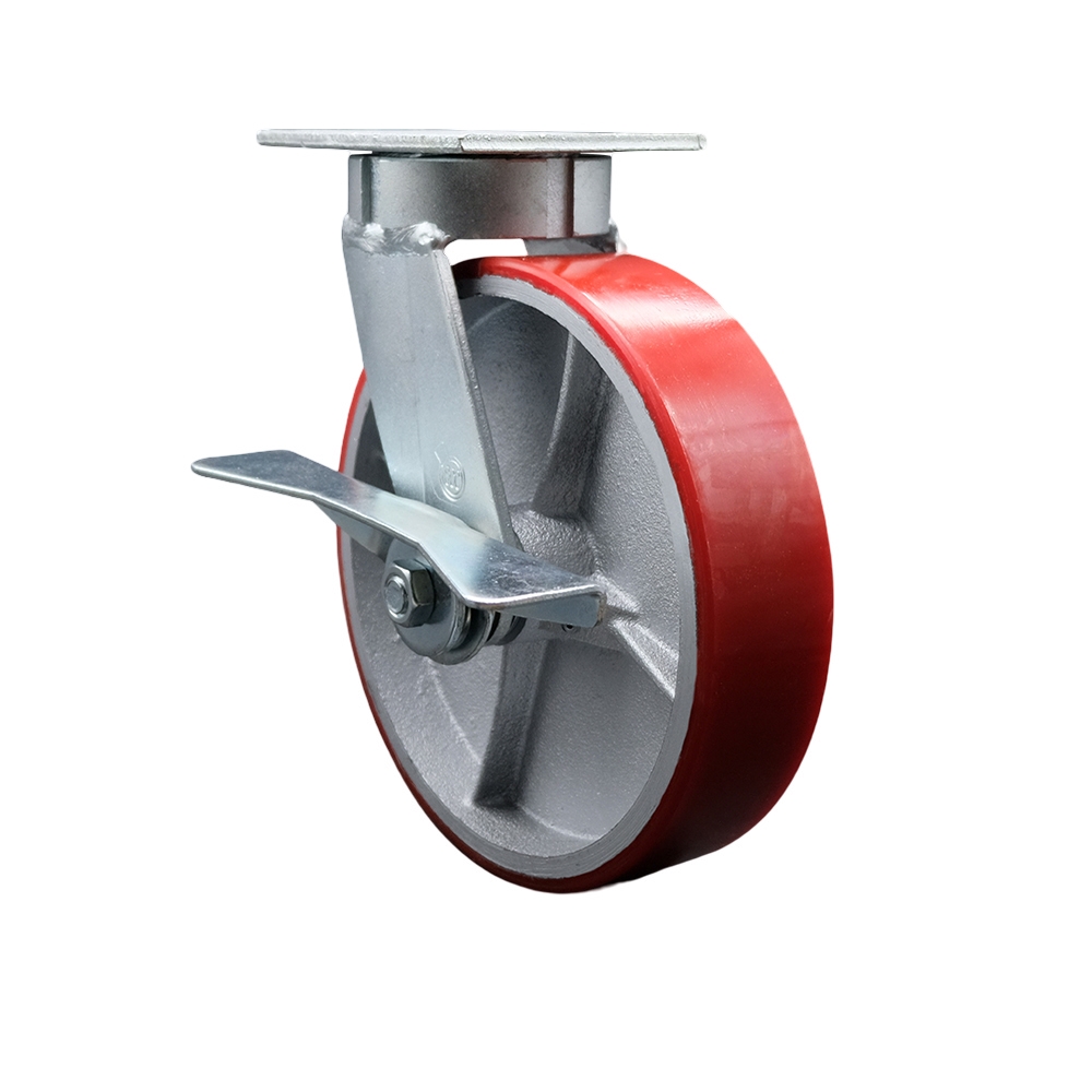 Kingpinless Polyurethane on Cast Iron Swivel Top Plate Caster with 8 x 2 in. Red Wheel & Side Lock Brake - 1250 lbs Capacity per Caster