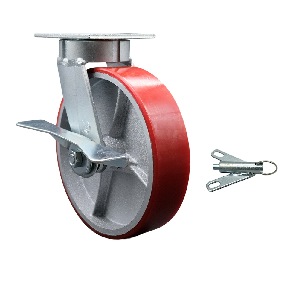 Kingpinless Polyurethane on Cast Iron Swivel Top Plate Caster with 8 x 2 in. Red Wheel & Side Lock Brake & Bolt on Swivel Lock - 1250 lbs Capacity