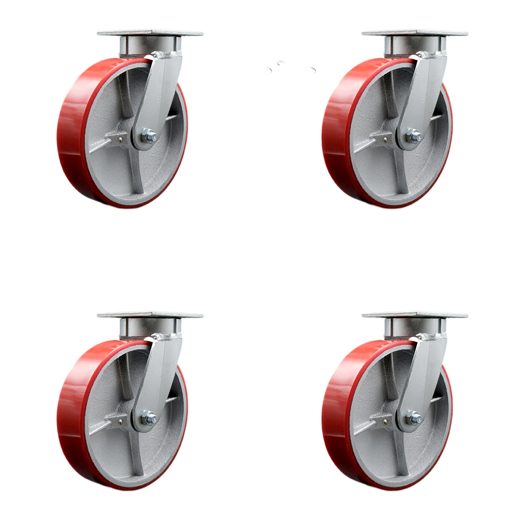 Kingpinless Polyurethane on Cast Iron Swivel Top Plate Caster with 8 x 2 in. Red Wheels - 5000 lbs Total Capacity - Set of 4